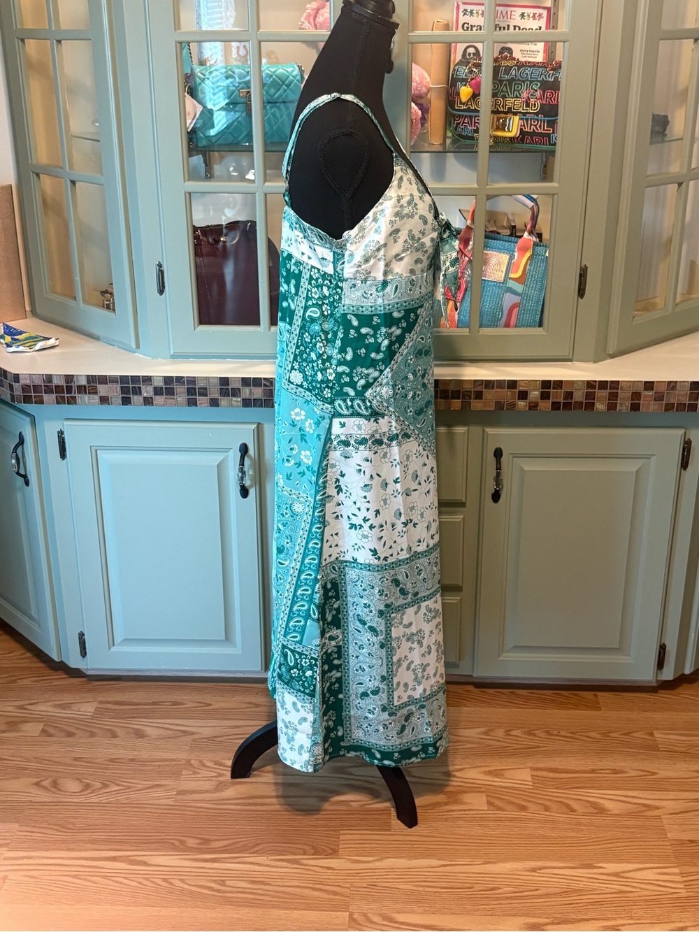 Green & White Paisley Bandana Print Dress - Picture 3 of 6